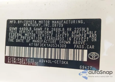 2010 Toyota Camry Se z USA, uszkodzony, nr VIN 4T1BF3EK1AU534309